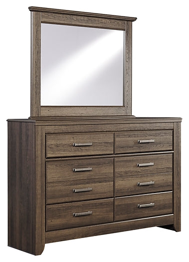 Juararo California King Poster Bed with Mirrored Dresser and Chest