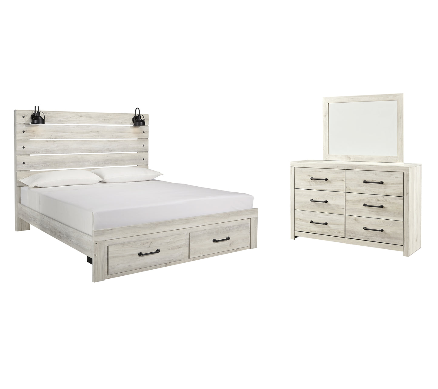 Cambeck King Panel Bed with 2 Storage Drawers with Mirrored Dresser