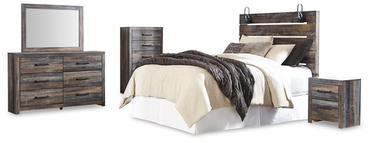 Drystan Queen Panel Headboard with Mirrored Dresser, Chest and Nightstand