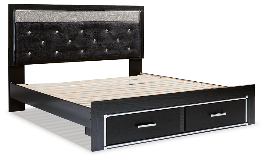 Kaydell King Upholstered Panel Storage Platform Bed with Mirrored Dresser and 2 Nightstands