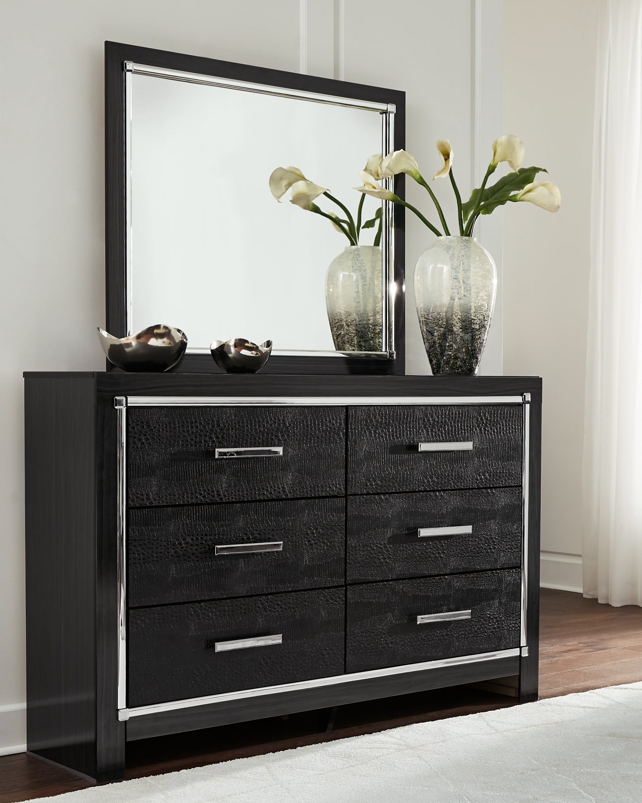 Kaydell King Upholstered Panel Headboard with Mirrored Dresser, Chest and Nightstand