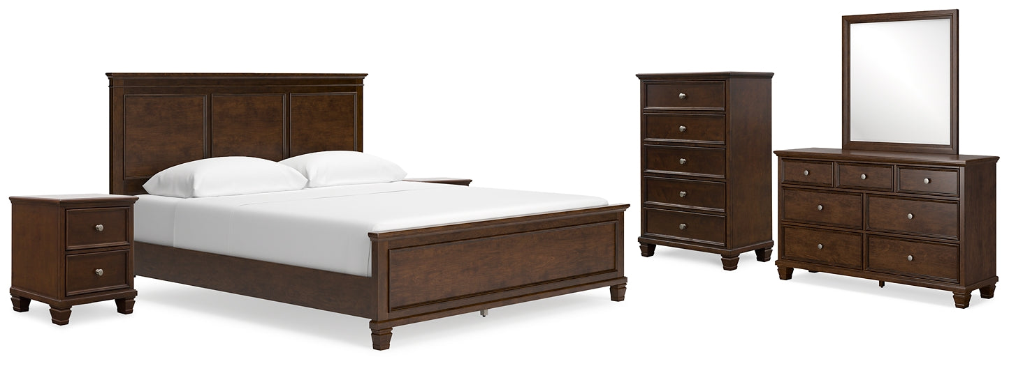 Danabrin California King Panel Bed with Mirrored Dresser, Chest and 2 Nightstands