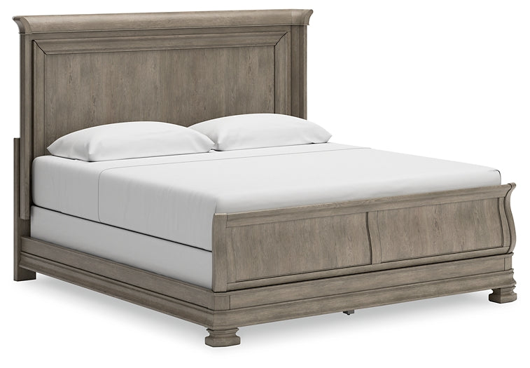 Lexorne King Sleigh Bed with Mirrored Dresser and Chest