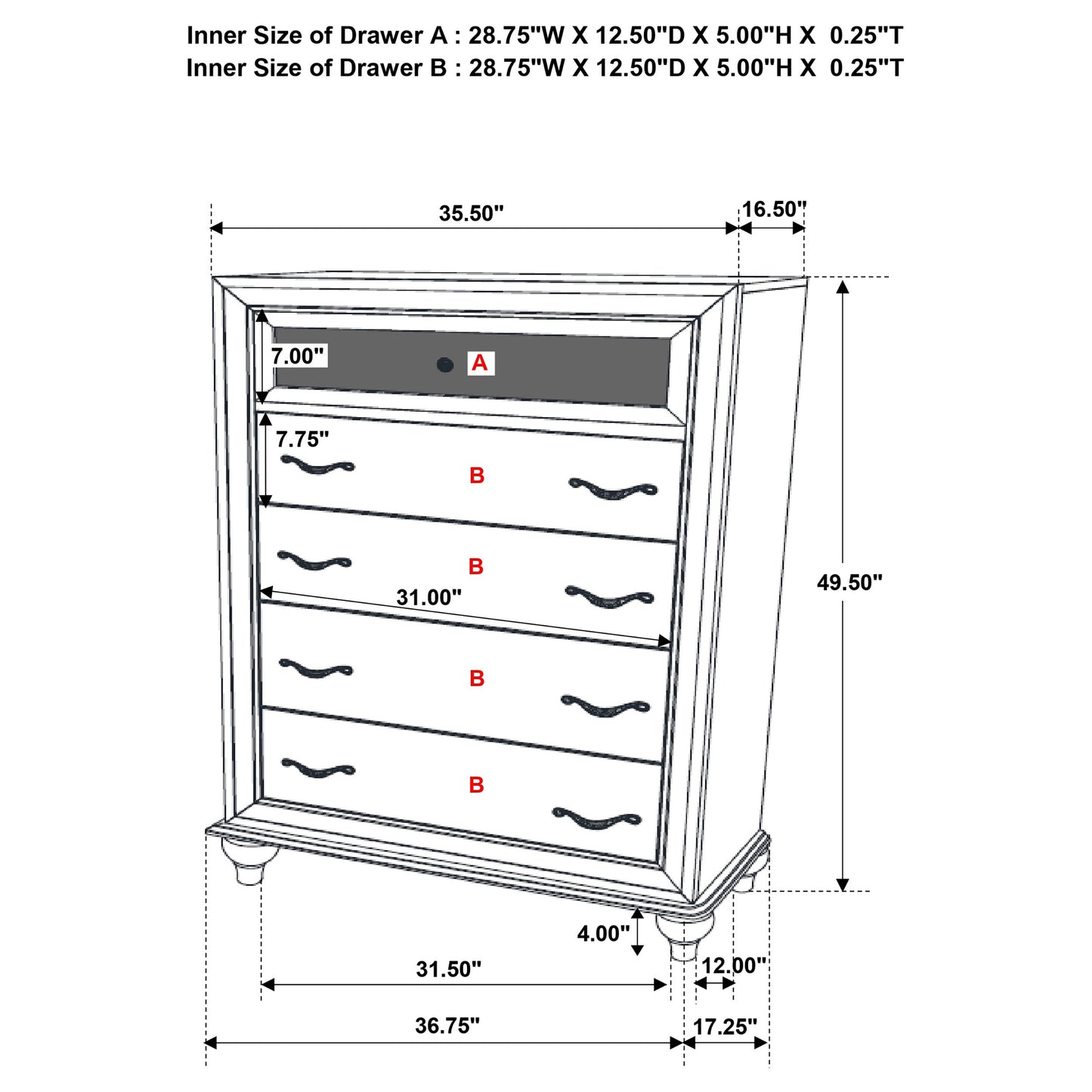 Barzini 5-drawer Bedroom Chest Black