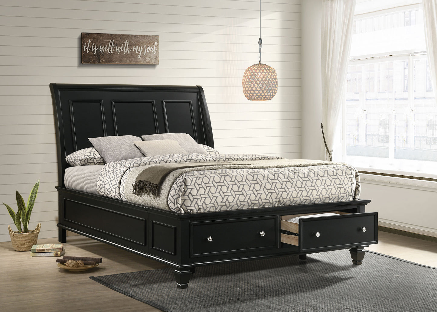 Sandy Beach Wood Queen Storage Panel Bed Black