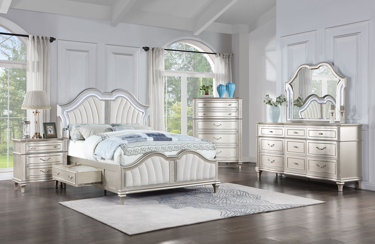 Evangeline Eastern King LED Storage Panel Bed Silver Oak