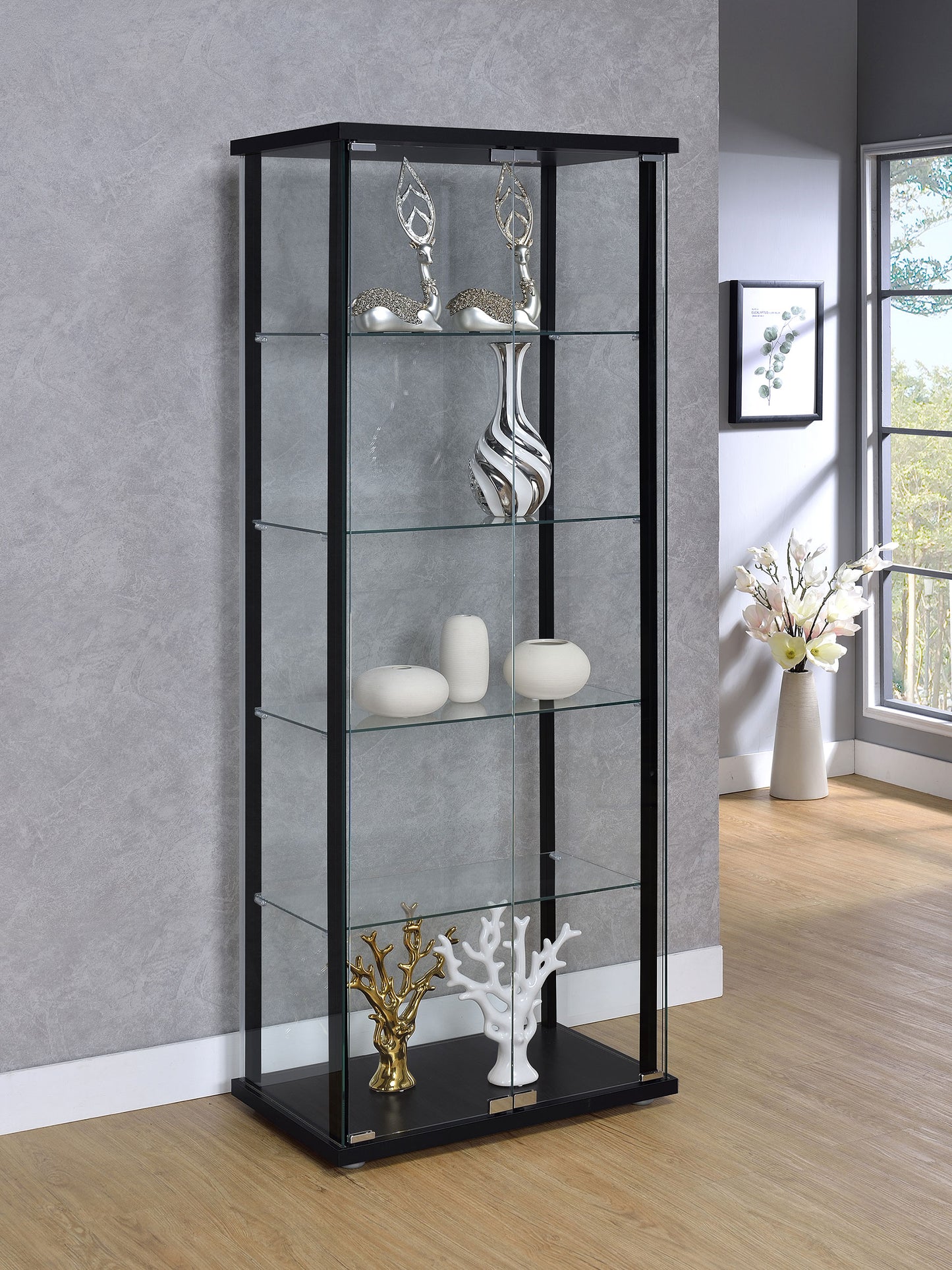 Delphinium 5-shelf Clear Glass Curio Display Cabinet Black