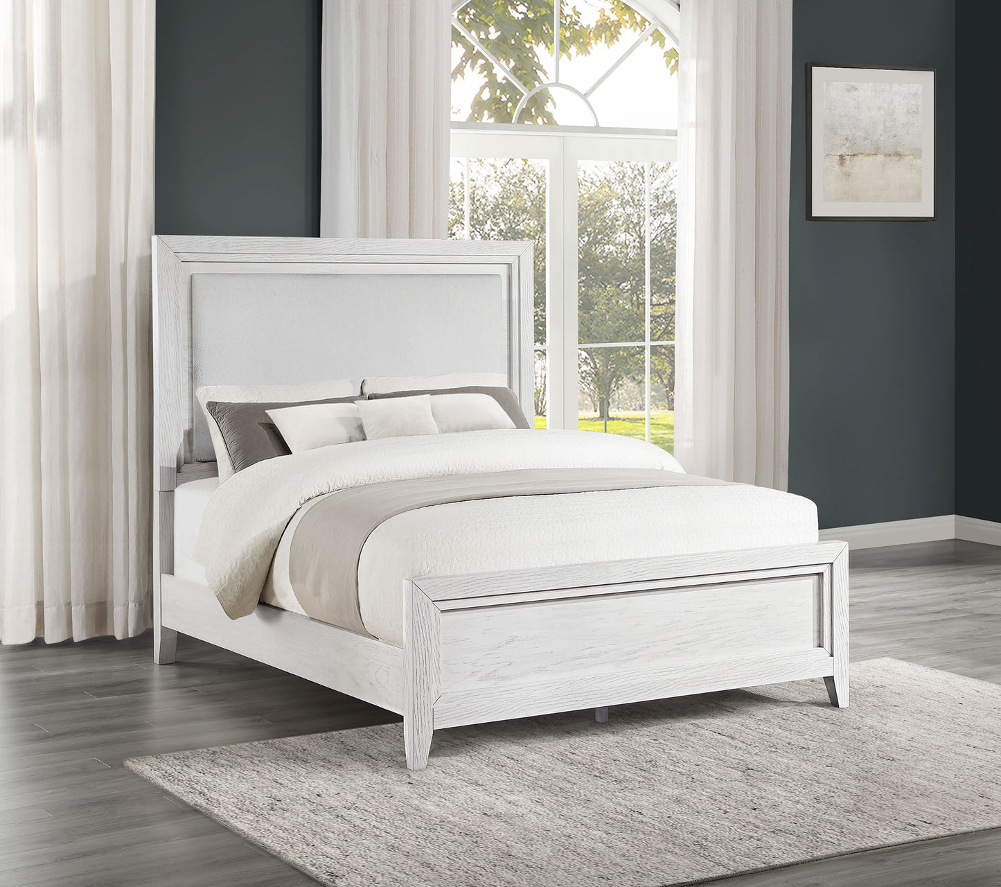 Marielle California King Panel Upholstered Bed Distressed White