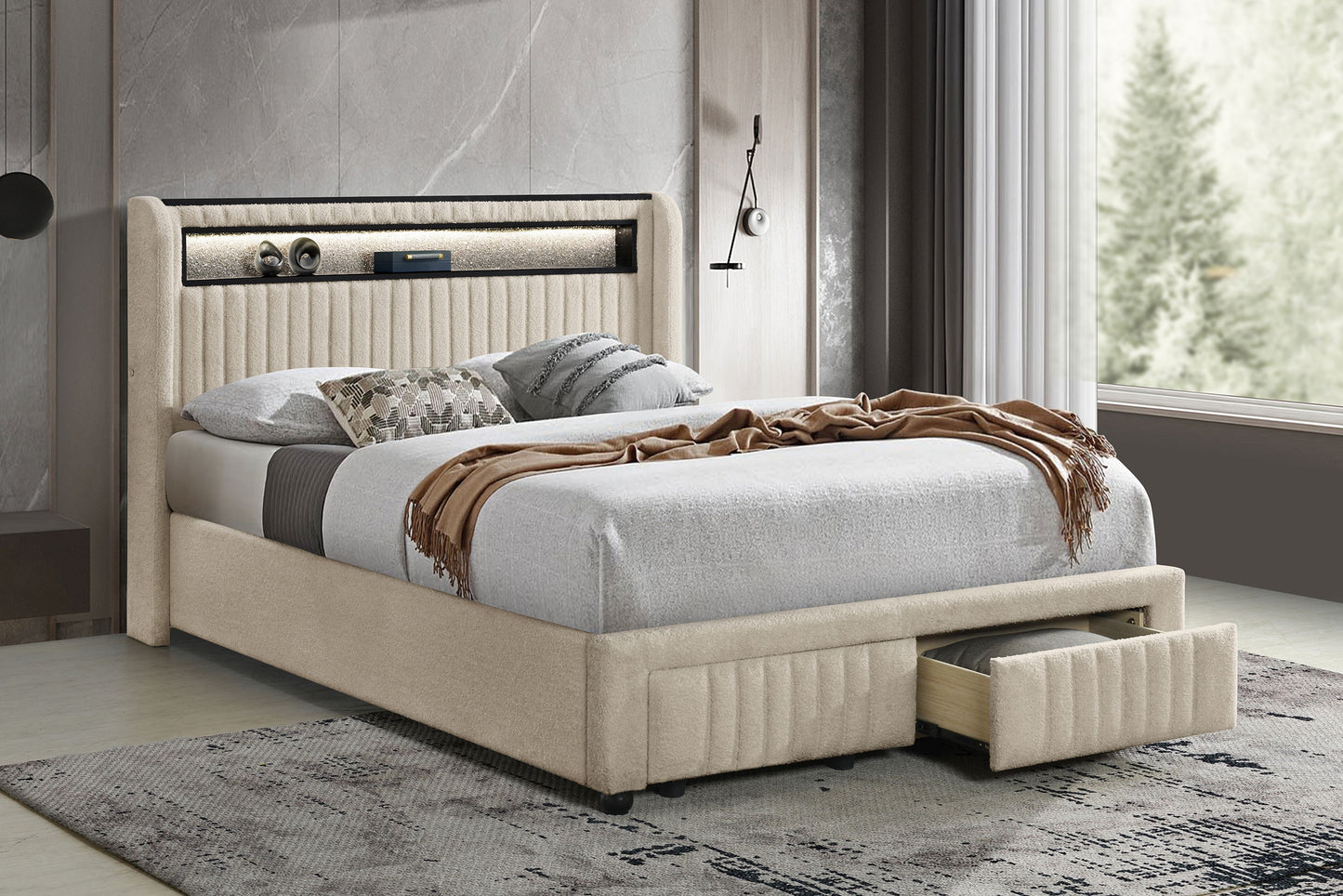 Madison Upholstered LED Full Storage Platform Bed Cream