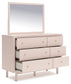 Wistenpine Twin Upholstered Panel Headboard with Mirrored Dresser, Chest and 2 Nightstands