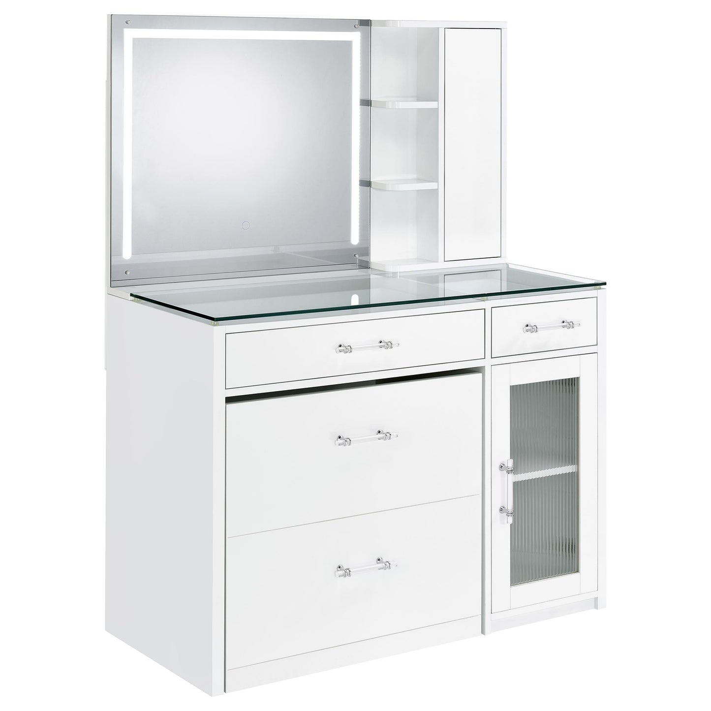 Flora 2-drawer Vanity Table Set LED Mirror and Stool White High Gloss