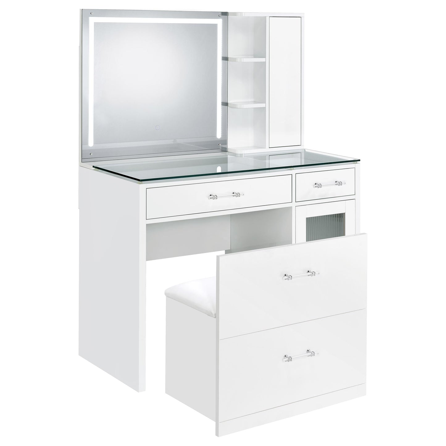 Flora 2-drawer Vanity Table Set LED Mirror and Stool White High Gloss