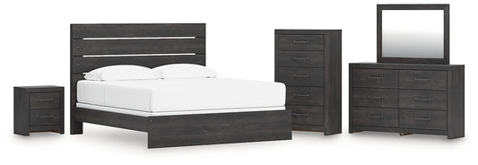 Hollivern King Panel Bed with Mirrored Dresser, Chest and Nightstand