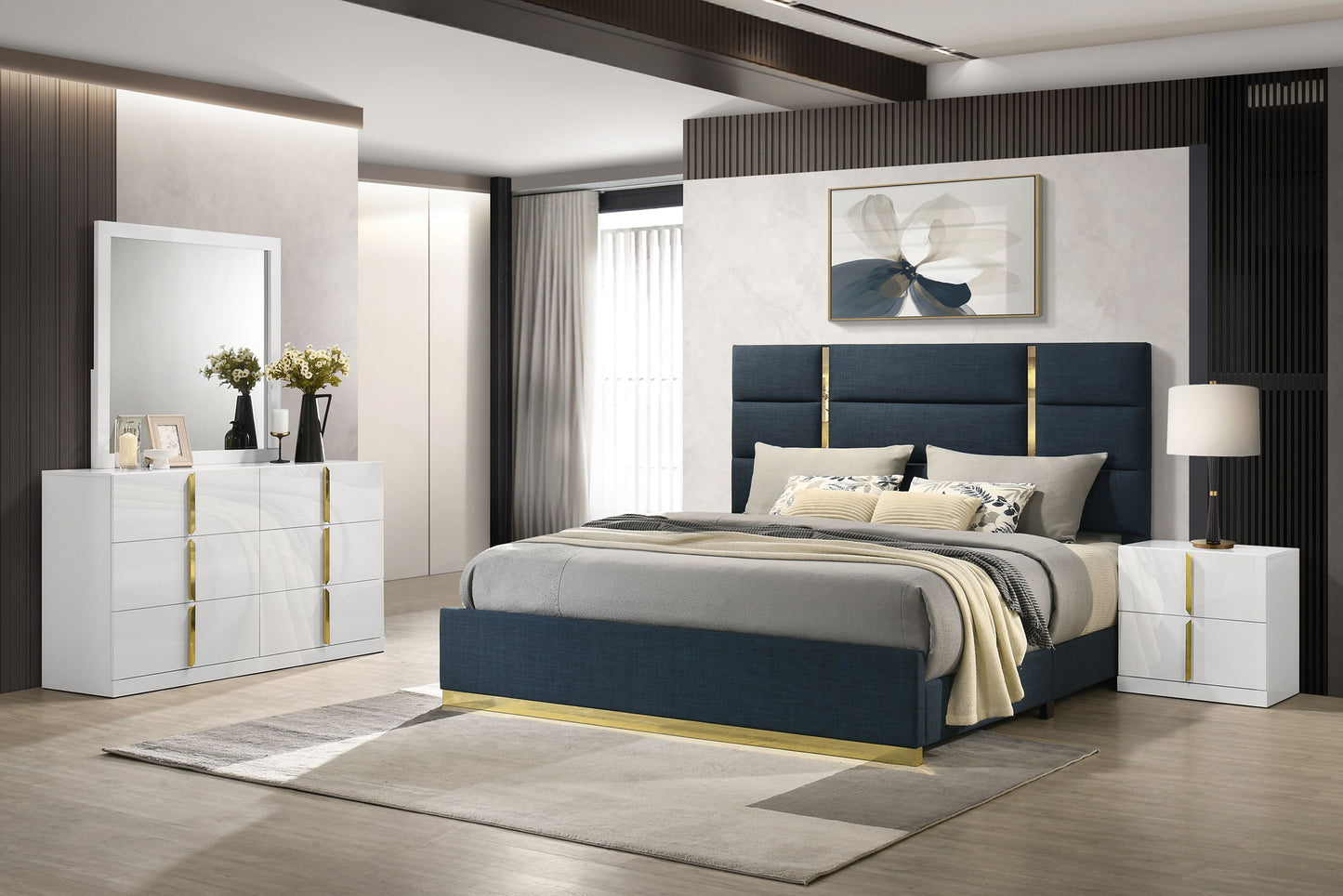 Ines 4-piece Queen Bedroom Set Navy and White High Gloss