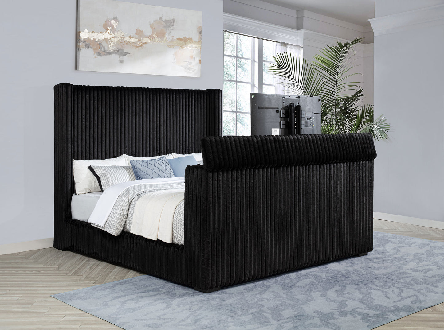 Centergrove Upholstered Eastern King Wingback TV Bed Black