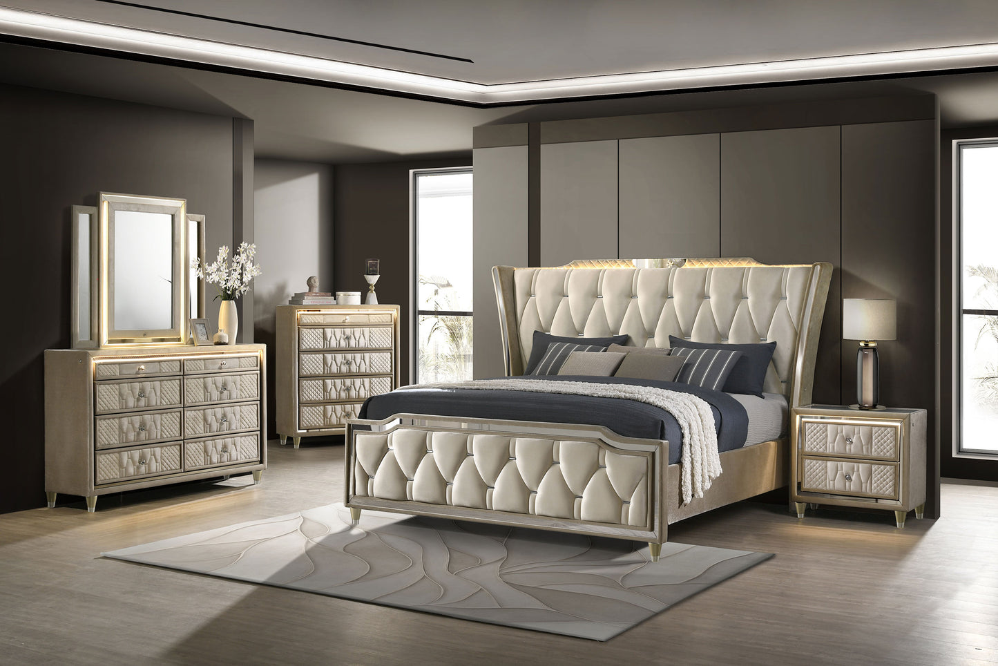 Lorient Queen LED Upholstered Wingback Bed Ivory and Camel