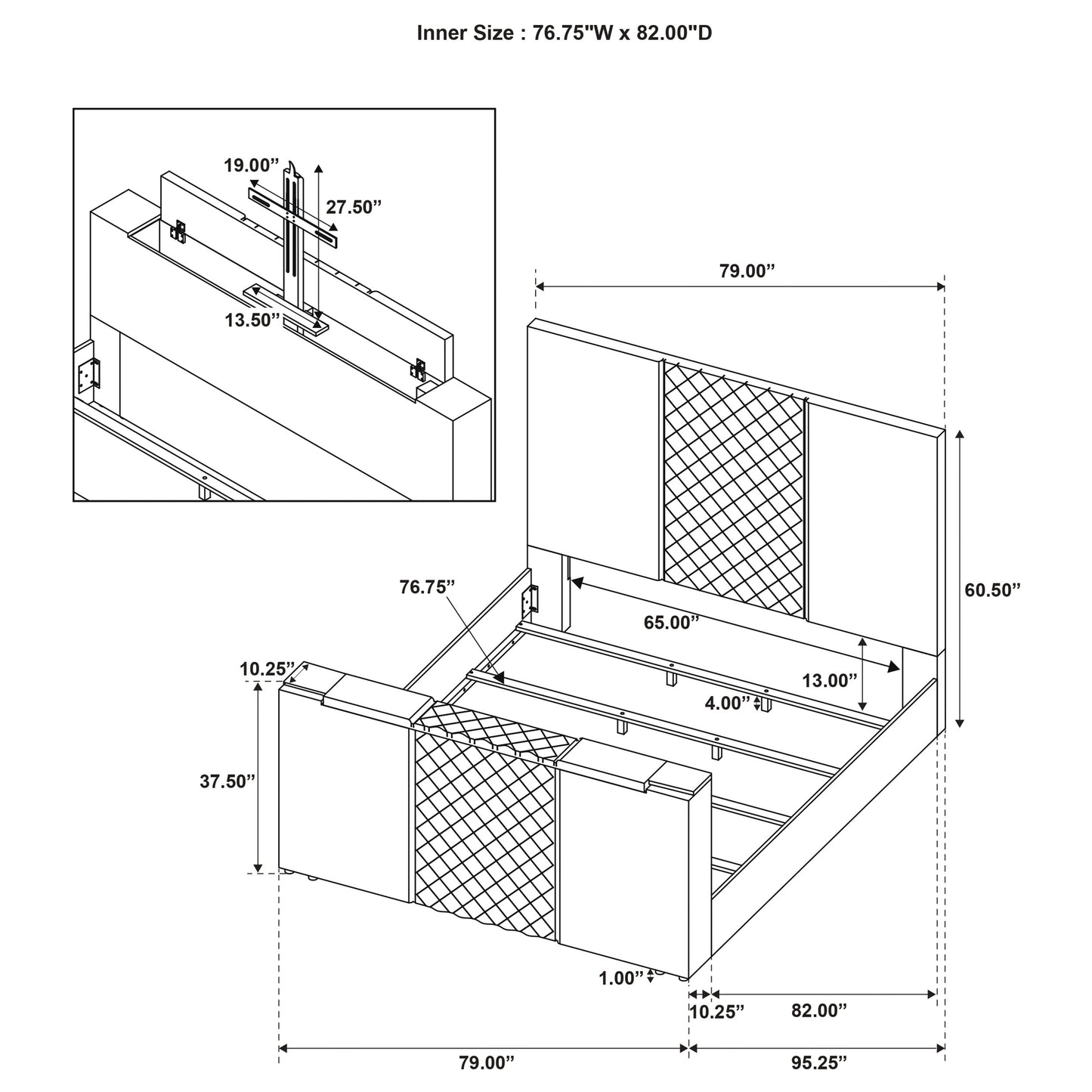 Tara 61-inch Upholstered Eastern King Panel TV Bed Grey