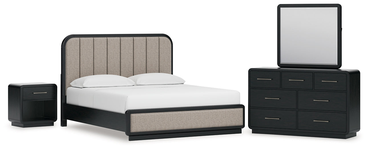 Rowanbeck California King Upholstered Panel Bed with Mirrored Dresser and Nightstand