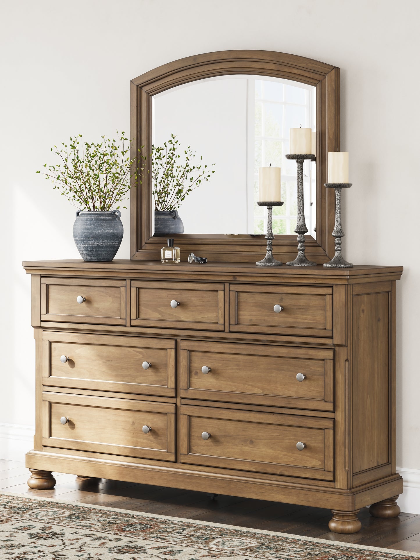 Feddinger California King Panel Bed with Mirrored Dresser, Chest and Nightstand
