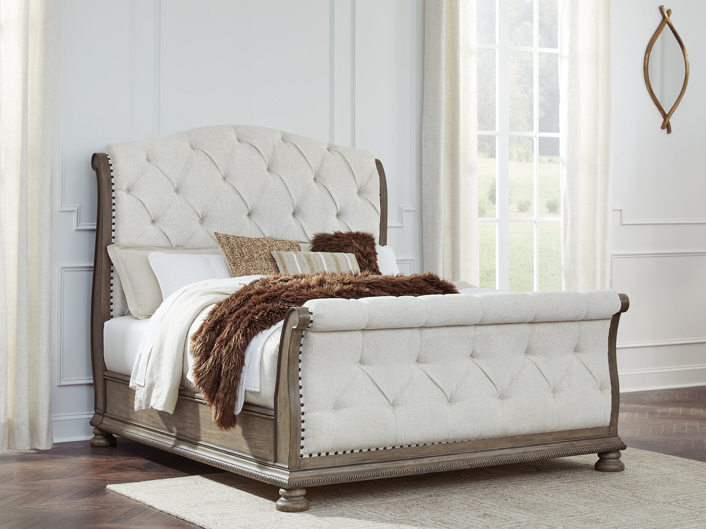 Ardenfield Queen Upholstered Sleigh Bed with Mirrored Dresser