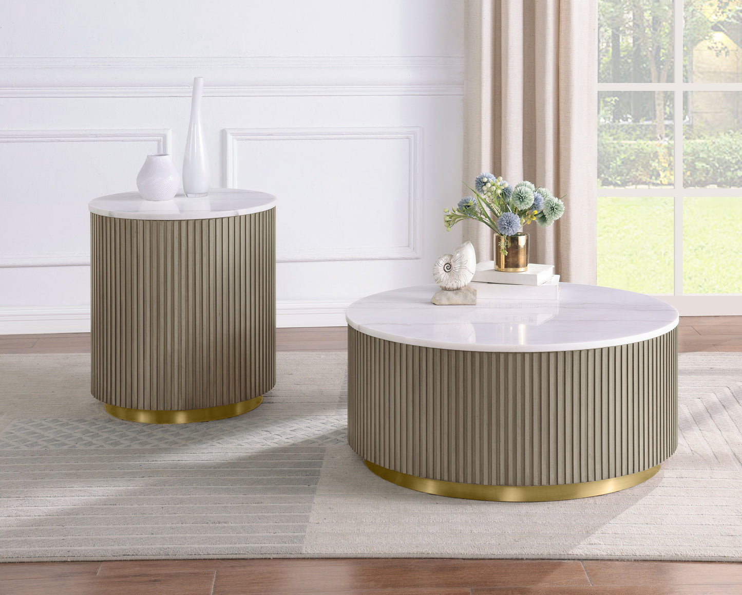 Jason Round White Marble Top Side End Table Greige