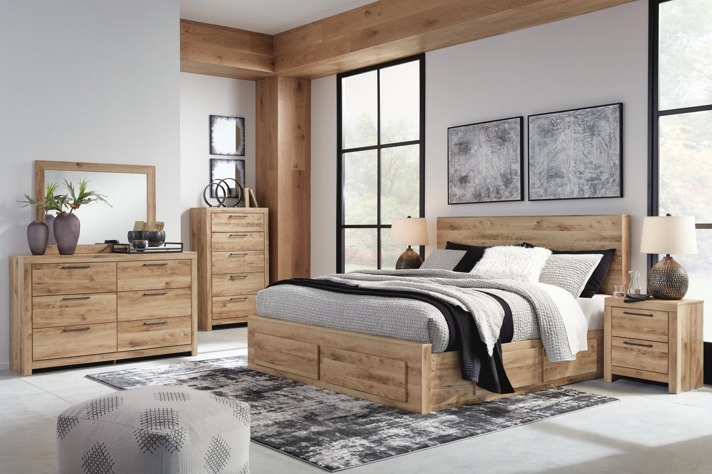 Hyanna Queen Panel Storage Bed with 2 Under Bed Storage Drawer, Dresser, Mirror and Nightstand