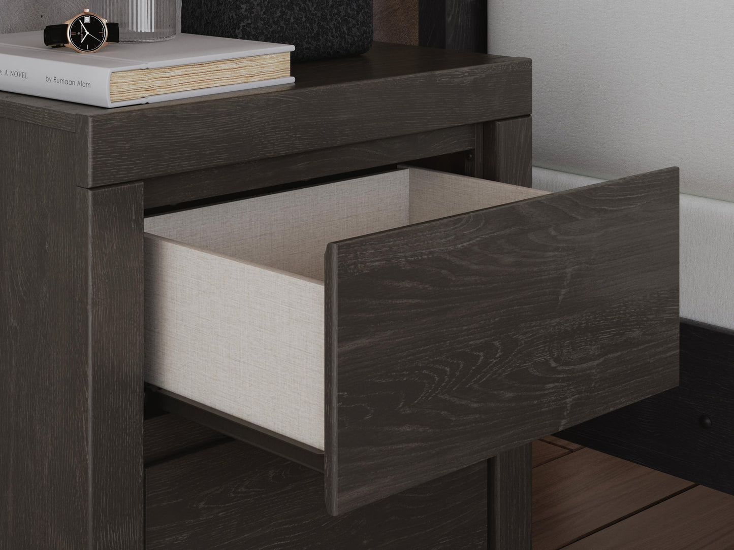 Fraluna King Panel Storage Bed, Dresser, Mirror and Nightstand