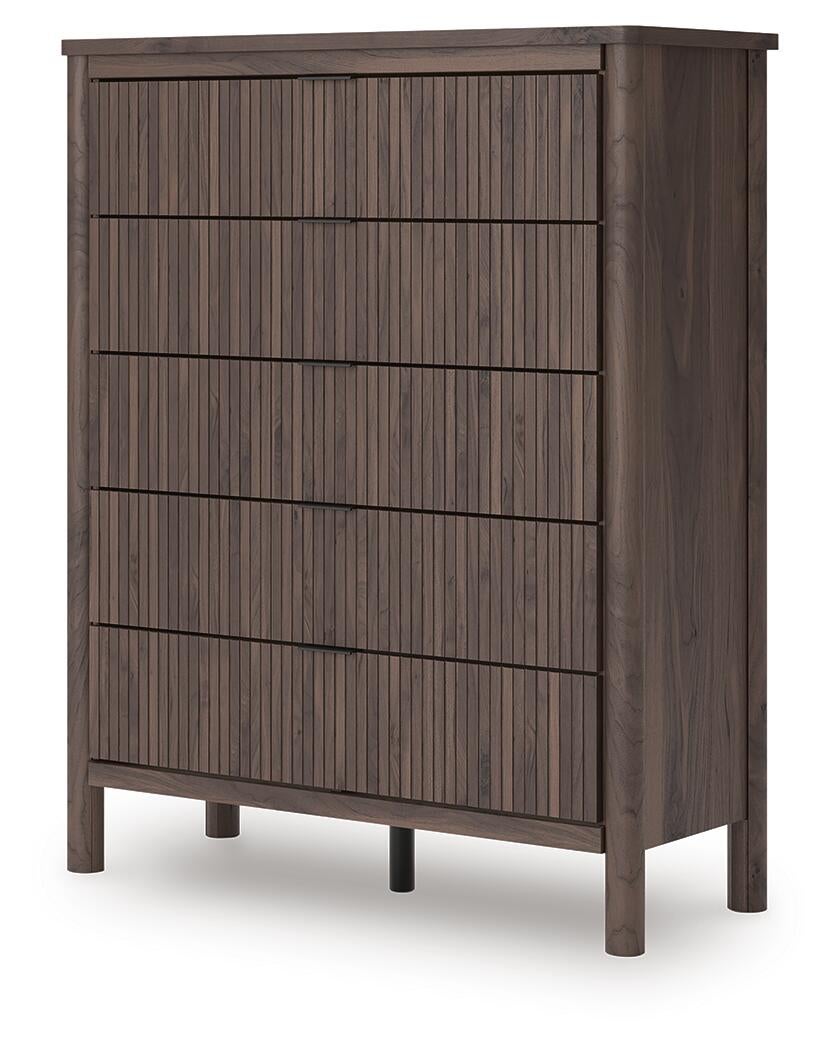 Pamytta Queen Upholstered Panel Platform Bed, Dresser, Mirror, Chest and Nightstand