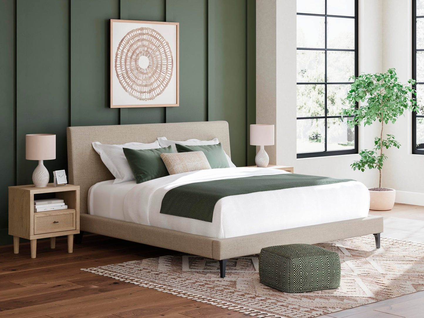 Cielden California King Upholstered Bed with Roll Slats, Dresser, Mirror, Chest and Nightstand