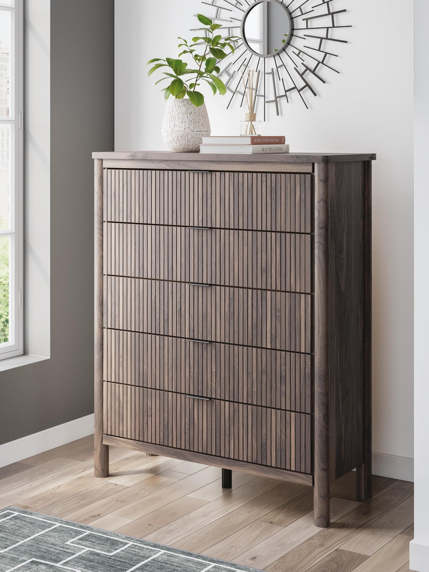 Pamytta Queen Upholstered Panel Bed, Dresser, Mirror, Chest and Nightstand