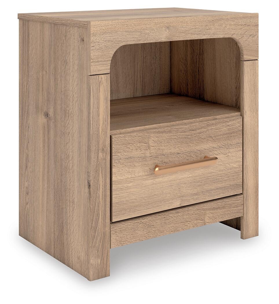 Kinlanni Queen Upholstered Platform Bed, Dresser, Mirror and Nightstand