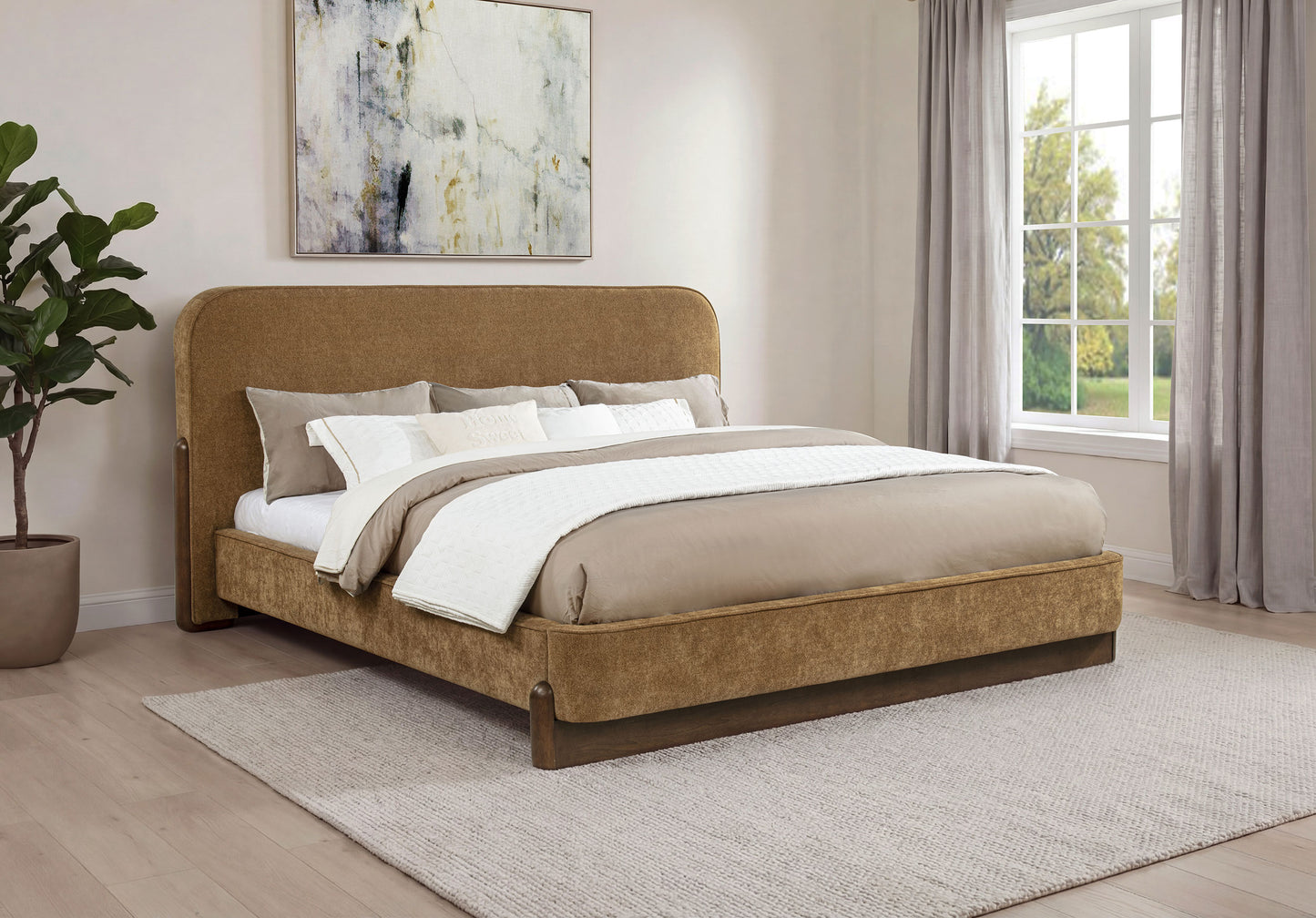 Baldacci Upholstered Eastern King Platform Bed Curry and Walnut